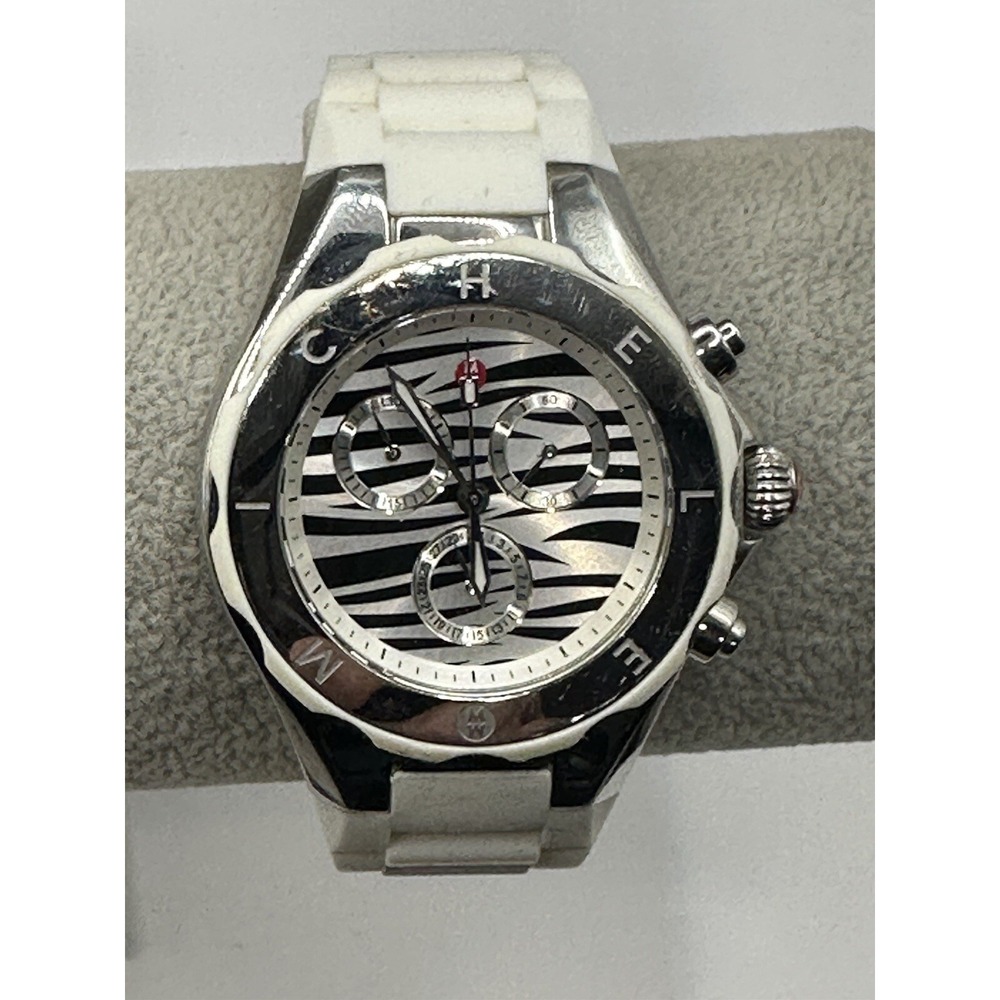 Michele MWW12F000055 Women's Analog Watch‎ Zebra Dial Silver Tone Black & White